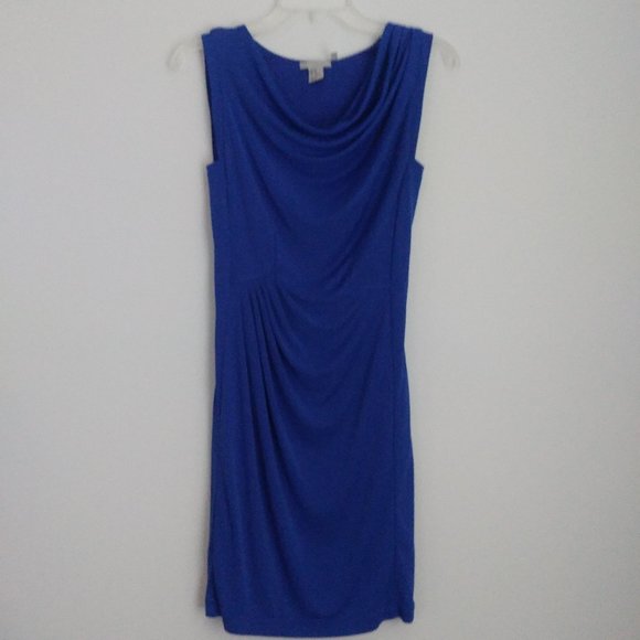 Ruched Blue Midi Dress Slinky Cowl Neckline Liquid Knit Office Day Evening Party - Picture 2 of 9